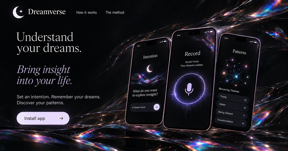 Dreamverse website artwork showing intention, recording and recurring-pattern screens